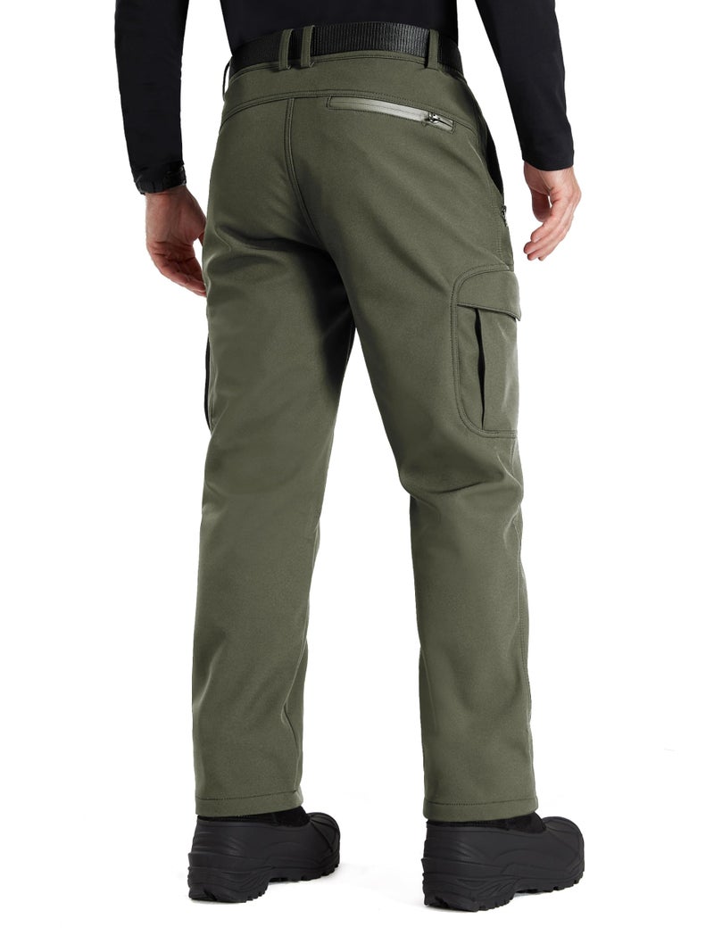 FREE SOLDIER Men's Outdoor Softshell Fleece Lined Cargo Pants Snow Ski Hiking Pants with Belt (Army Green 34W x 32L) - Image 2